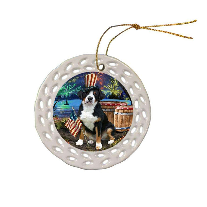 4th of July Independence Day Fireworks Greater Swiss Mountain Dog at the Lake Ceramic Doily Ornament DPOR51163