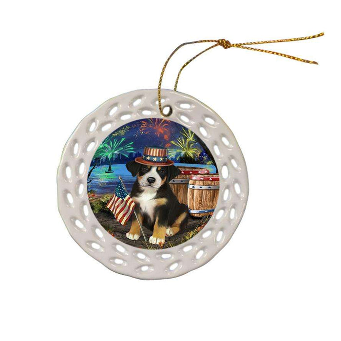 4th of July Independence Day Fireworks Greater Swiss Mountain Dog at the Lake Ceramic Doily Ornament DPOR51165