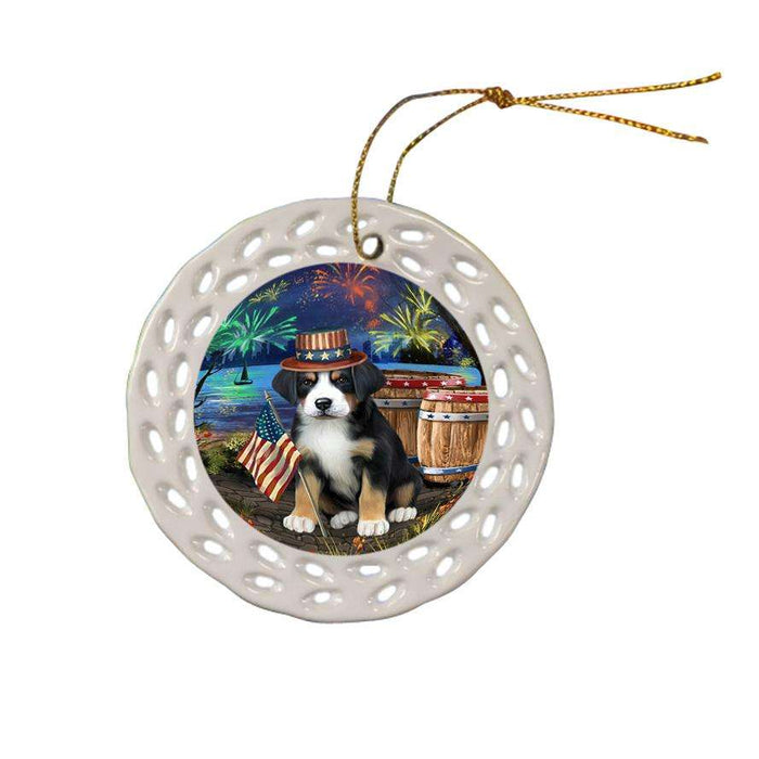 4th of July Independence Day Fireworks Greater Swiss Mountain Dog at the Lake Ceramic Doily Ornament DPOR51166