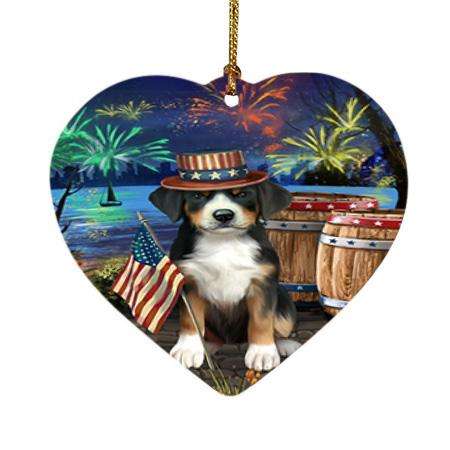 4th of July Independence Day Fireworks Greater Swiss Mountain Dog at the Lake Heart Christmas Ornament HPOR51164