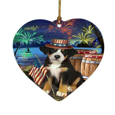 4th of July Independence Day Fireworks Greater Swiss Mountain Dog at the Lake Heart Christmas Ornament HPOR51165