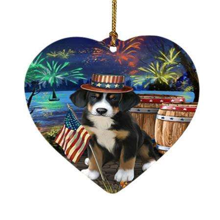 4th of July Independence Day Fireworks Greater Swiss Mountain Dog at the Lake Heart Christmas Ornament HPOR51167