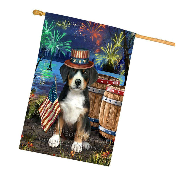 4th of July Independence Day Fireworks Greater Swiss Mountain Dog at the Lake House Flag FLG51222