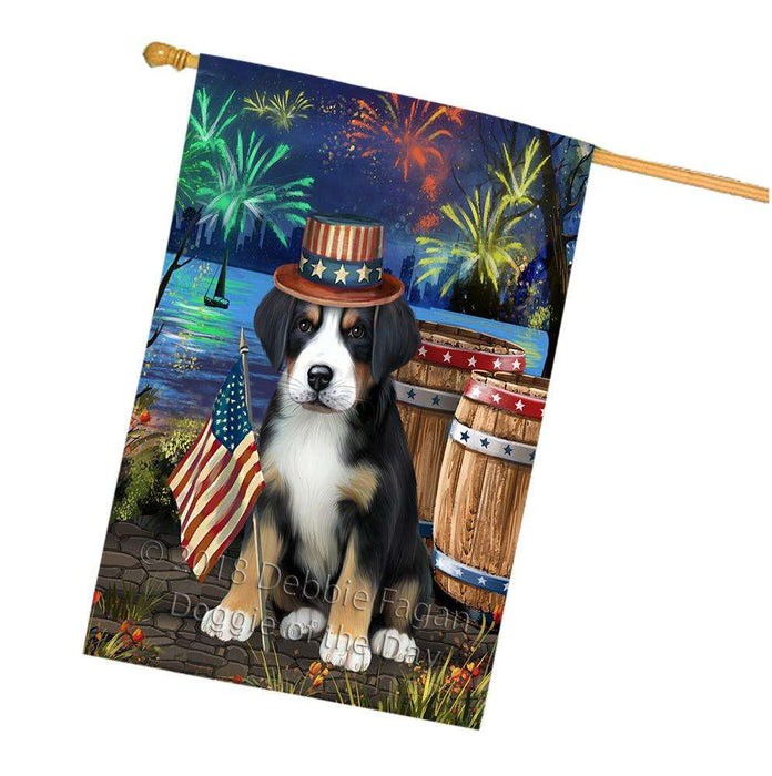 4th of July Independence Day Fireworks Greater Swiss Mountain Dog at the Lake House Flag FLG51224