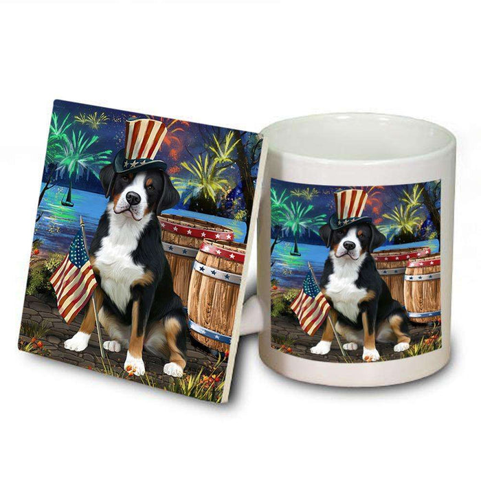 4th of July Independence Day Fireworks Greater Swiss Mountain Dog at the Lake Mug and Coaster Set MUC51155