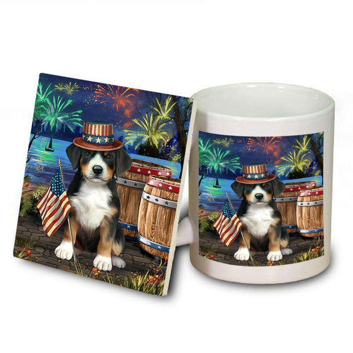 4th of July Independence Day Fireworks Greater Swiss Mountain Dog at the Lake Mug and Coaster Set MUC51156