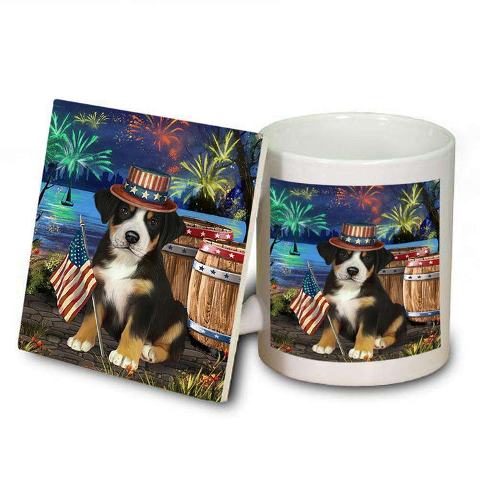 4th of July Independence Day Fireworks Greater Swiss Mountain Dog at the Lake Mug and Coaster Set MUC51157