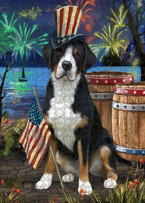 4th of July Independence Day Fireworks Greater Swiss Mountain Dog at the Lake Puzzle with Photo Tin PUZL57351