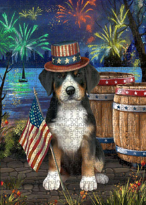4th of July Independence Day Fireworks Greater Swiss Mountain Dog at the Lake Puzzle with Photo Tin PUZL57354