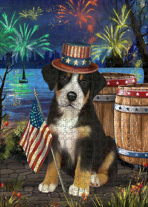 4th of July Independence Day Fireworks Greater Swiss Mountain Dog at the Lake Puzzle with Photo Tin PUZL57357
