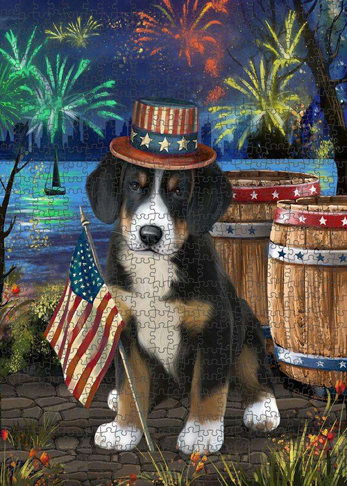 4th of July Independence Day Fireworks Greater Swiss Mountain Dog at the Lake Puzzle with Photo Tin PUZL57363