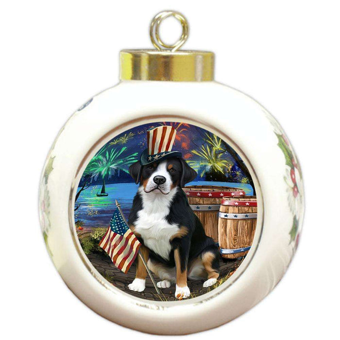 4th of July Independence Day Fireworks Greater Swiss Mountain Dog at the Lake Round Ball Christmas Ornament RBPOR51163
