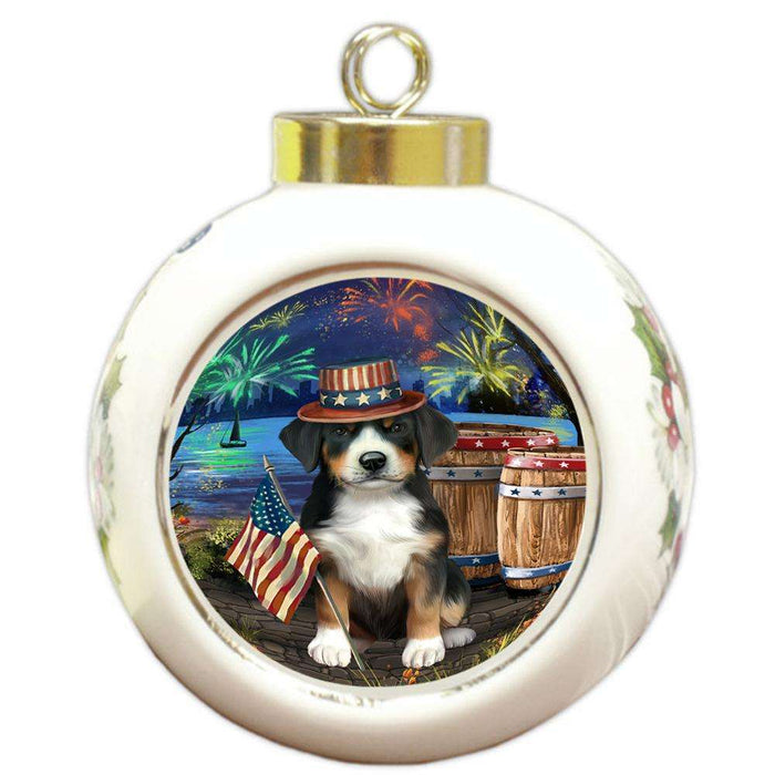 4th of July Independence Day Fireworks Greater Swiss Mountain Dog at the Lake Round Ball Christmas Ornament RBPOR51164