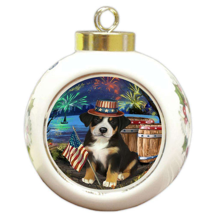 4th of July Independence Day Fireworks Greater Swiss Mountain Dog at the Lake Round Ball Christmas Ornament RBPOR51165