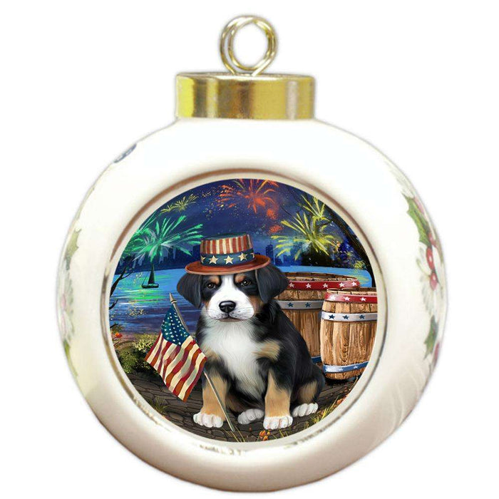 4th of July Independence Day Fireworks Greater Swiss Mountain Dog at the Lake Round Ball Christmas Ornament RBPOR51166
