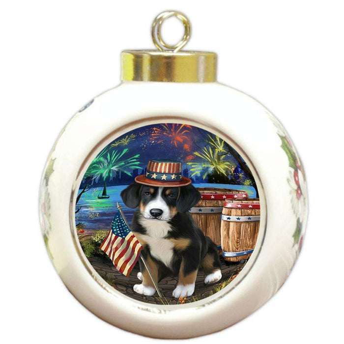 4th of July Independence Day Fireworks Greater Swiss Mountain Dog at the Lake Round Ball Christmas Ornament RBPOR51167