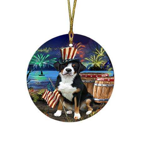 4th of July Independence Day Fireworks Greater Swiss Mountain Dog at the Lake Round Flat Christmas Ornament RFPOR51154