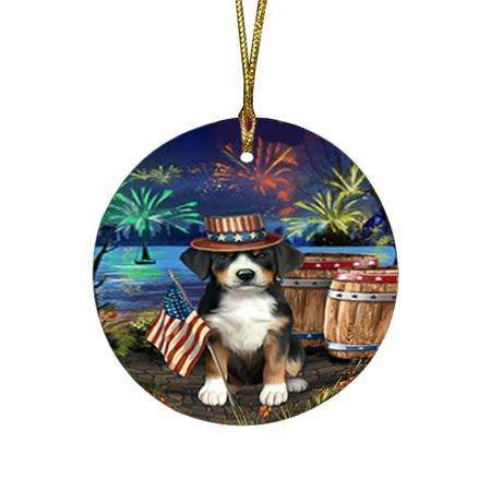 4th of July Independence Day Fireworks Greater Swiss Mountain Dog at the Lake Round Flat Christmas Ornament RFPOR51155