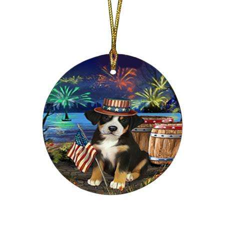 4th of July Independence Day Fireworks Greater Swiss Mountain Dog at the Lake Round Flat Christmas Ornament RFPOR51156