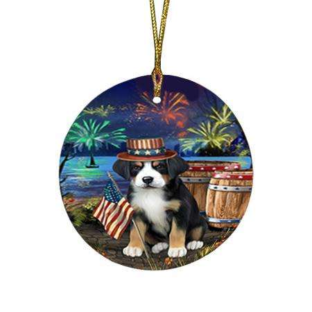 4th of July Independence Day Fireworks Greater Swiss Mountain Dog at the Lake Round Flat Christmas Ornament RFPOR51157