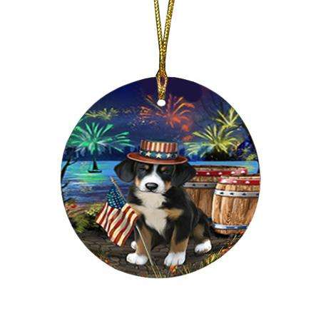 4th of July Independence Day Fireworks Greater Swiss Mountain Dog at the Lake Round Flat Christmas Ornament RFPOR51158