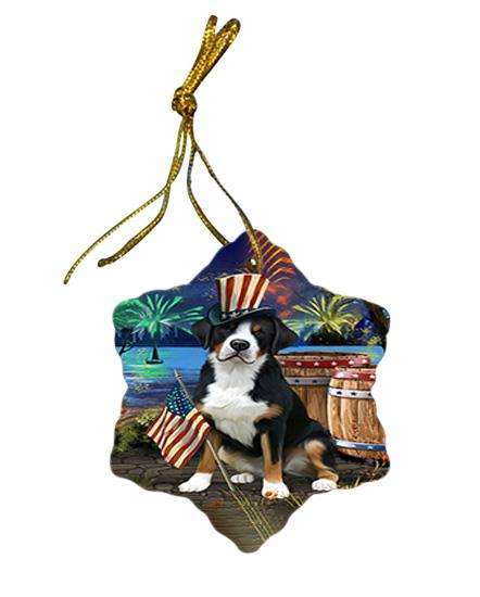 4th of July Independence Day Fireworks Greater Swiss Mountain Dog at the Lake Star Porcelain Ornament SPOR51155