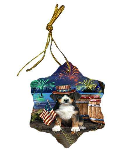4th of July Independence Day Fireworks Greater Swiss Mountain Dog at the Lake Star Porcelain Ornament SPOR51156