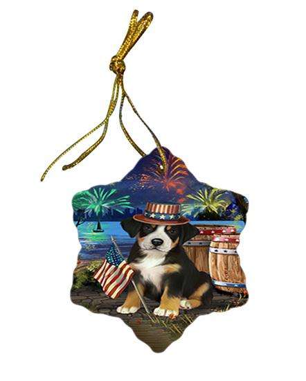 4th of July Independence Day Fireworks Greater Swiss Mountain Dog at the Lake Star Porcelain Ornament SPOR51157