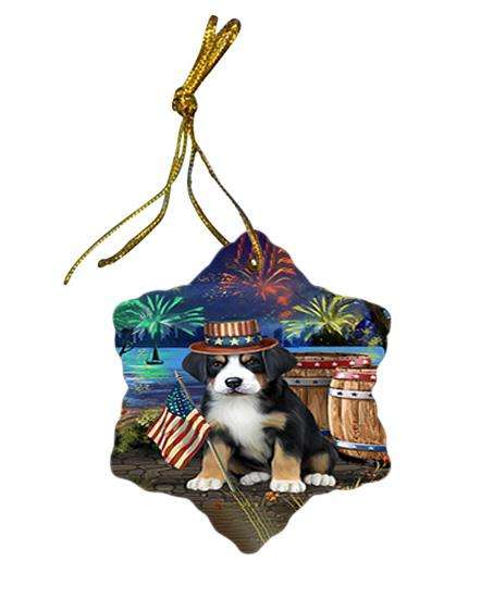 4th of July Independence Day Fireworks Greater Swiss Mountain Dog at the Lake Star Porcelain Ornament SPOR51158