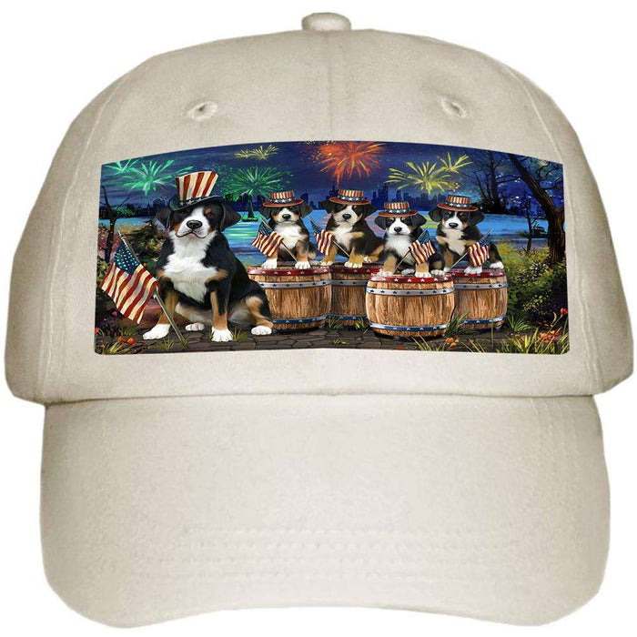 4th of July Independence Day Fireworks Greater Swiss Mountain Dogs at the Lake Ball Hat Cap HAT56844