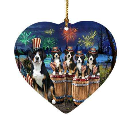 4th of July Independence Day Fireworks Greater Swiss Mountain Dogs at the Lake Heart Christmas Ornament HPOR51037