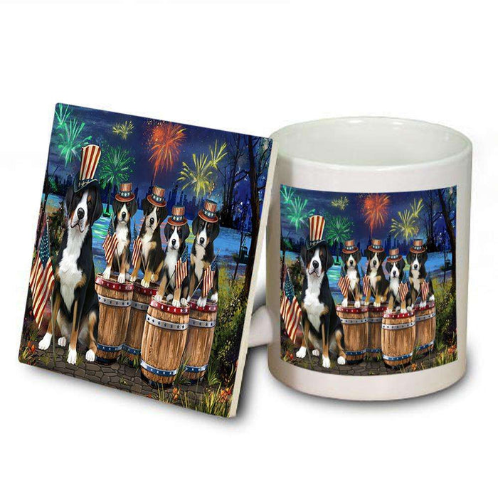 4th of July Independence Day Fireworks Greater Swiss Mountain Dogs at the Lake Mug and Coaster Set MUC51029