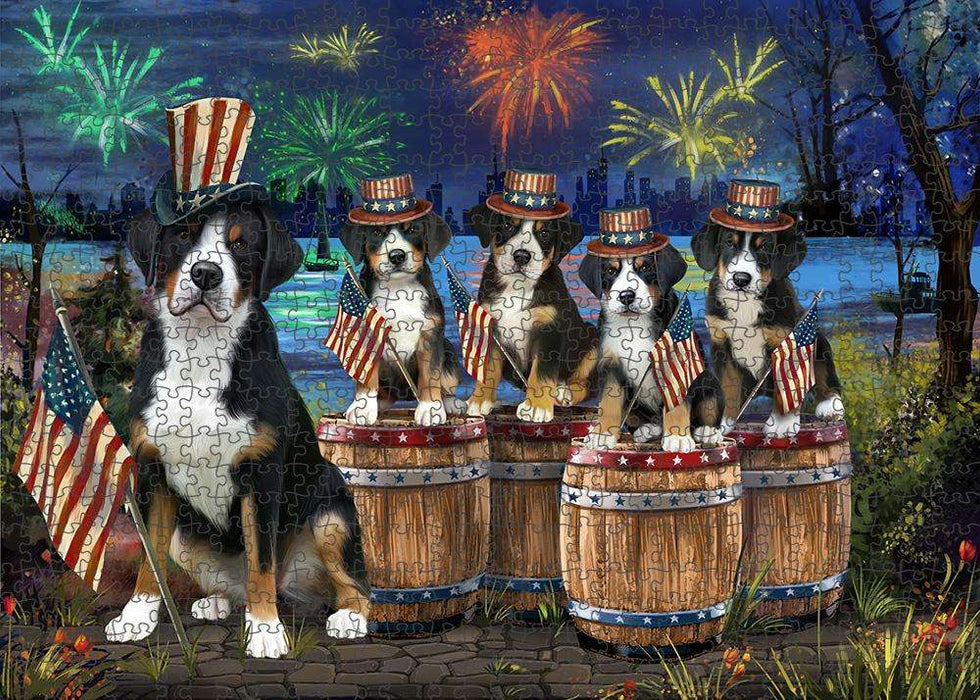 4th of July Independence Day Fireworks Greater Swiss Mountain Dogs at the Lake Puzzle with Photo Tin PUZL56973