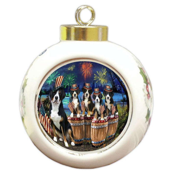 4th of July Independence Day Fireworks Greater Swiss Mountain Dogs at the Lake Round Ball Christmas Ornament RBPOR51037