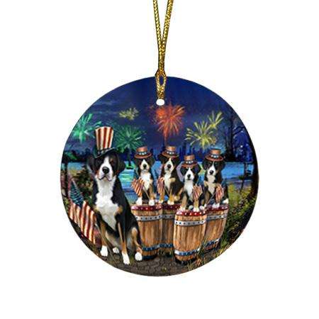 4th of July Independence Day Fireworks Greater Swiss Mountain Dogs at the Lake Round Flat Christmas Ornament RFPOR51028
