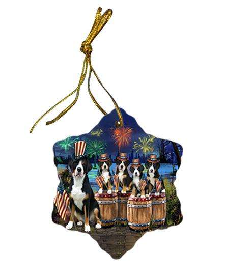 4th of July Independence Day Fireworks Greater Swiss Mountain Dogs at the Lake Star Porcelain Ornament SPOR51029