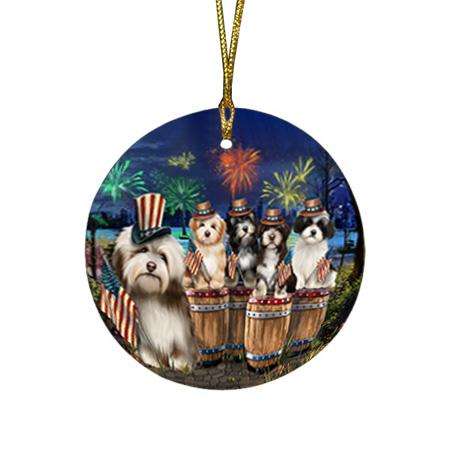4th of July Independence Day Fireworks Havaneses at the Lake Round Flat Christmas Ornament RFPOR51029