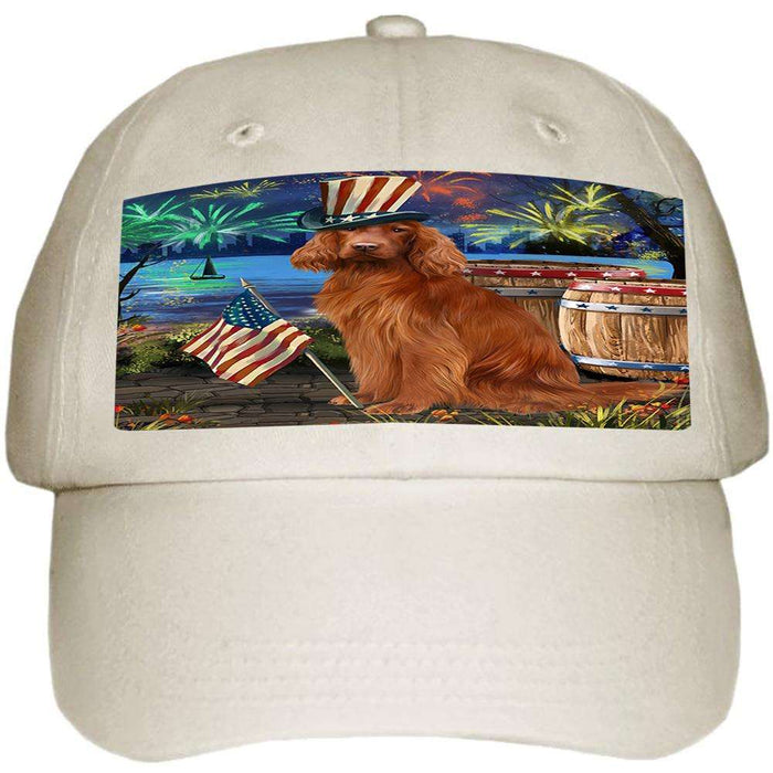 4th of July Independence Day Fireworks Irish Setter Dog at the Lake Ball Hat Cap HAT57252