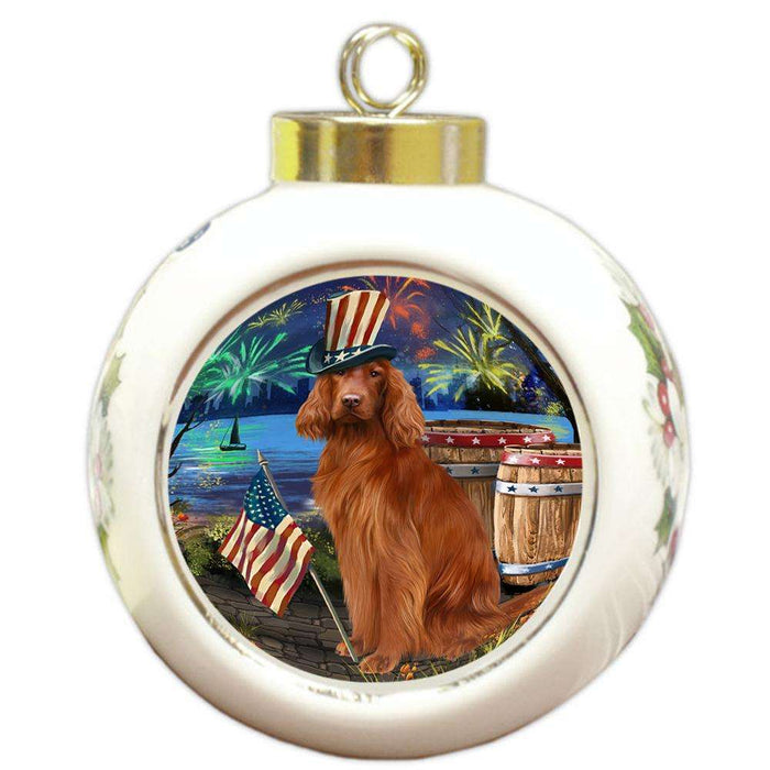 4th of July Independence Day Fireworks Irish Setter Dog at the Lake Round Ball Christmas Ornament RBPOR51173