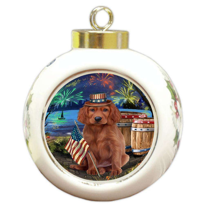 4th of July Independence Day Fireworks Irish Setter Dog at the Lake Round Ball Christmas Ornament RBPOR51175