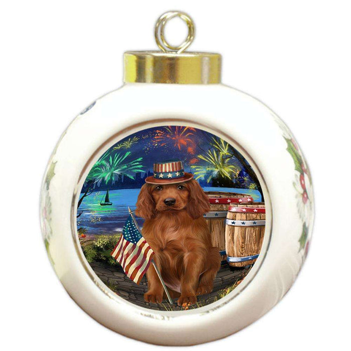 4th of July Independence Day Fireworks Irish Setter Dog at the Lake Round Ball Christmas Ornament RBPOR51176