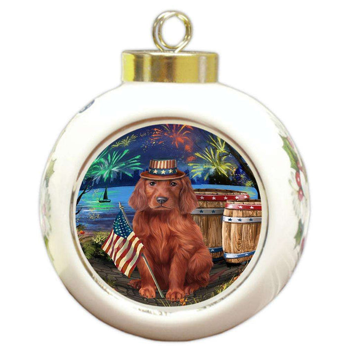 4th of July Independence Day Fireworks Irish Setter Dog at the Lake Round Ball Christmas Ornament RBPOR51177