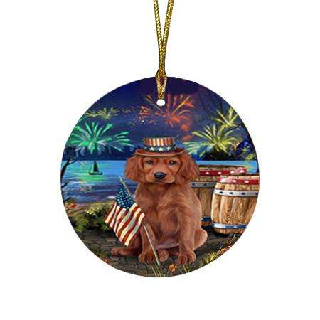 4th of July Independence Day Fireworks Irish Setter Dog at the Lake Round Flat Christmas Ornament RFPOR51166