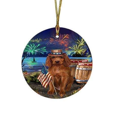 4th of July Independence Day Fireworks Irish Setter Dog at the Lake Round Flat Christmas Ornament RFPOR51167