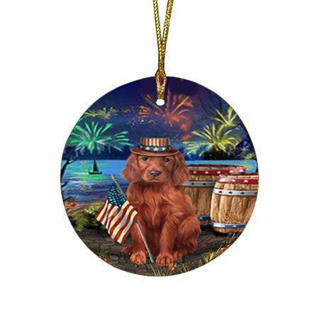 4th of July Independence Day Fireworks Irish Setter Dog at the Lake Round Flat Christmas Ornament RFPOR51168