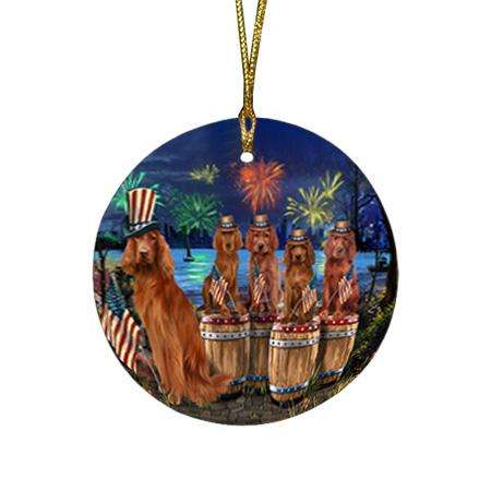 4th of July Independence Day Fireworks Irish Setters at the Lake Round Flat Christmas Ornament RFPOR51030