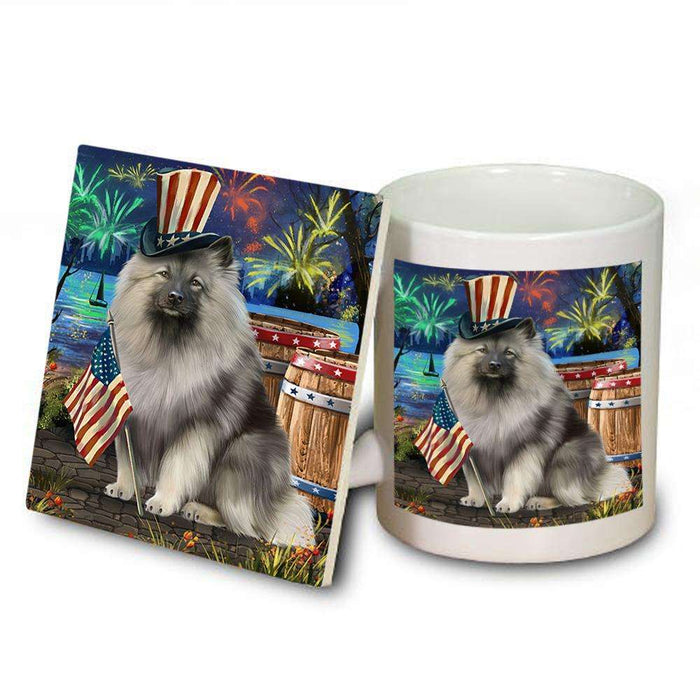 4th of July Independence Day Fireworks Keeshond Dog at the Lake Mug and Coaster Set MUC51170