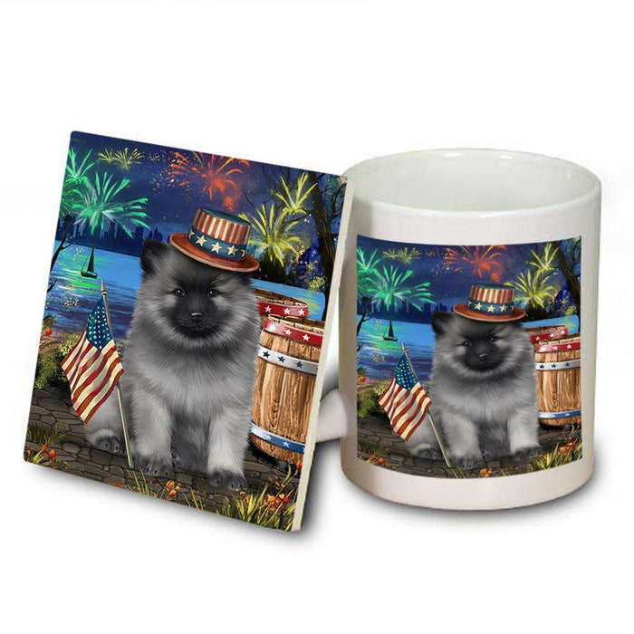 4th of July Independence Day Fireworks Keeshond Dog at the Lake Mug and Coaster Set MUC51171
