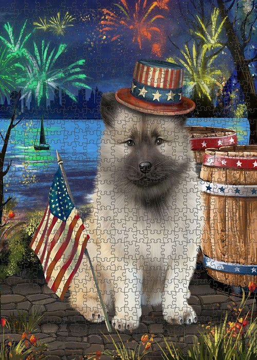 4th of July Independence Day Fireworks Keeshond Dog at the Lake Puzzle with Photo Tin PUZL57402