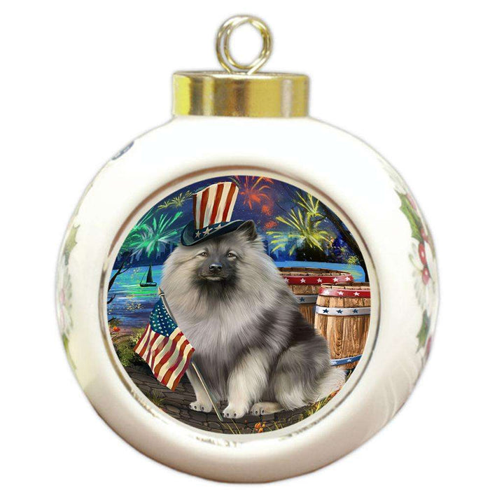 4th of July Independence Day Fireworks Keeshond Dog at the Lake Round Ball Christmas Ornament RBPOR51178
